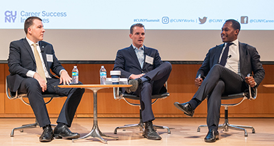 Photo of Lehman student Asmir Nikocevic (left) participates on a panel with Charlie Howe of Brookfield Properties (center) and Project Destined co-founder Cedric Bobo